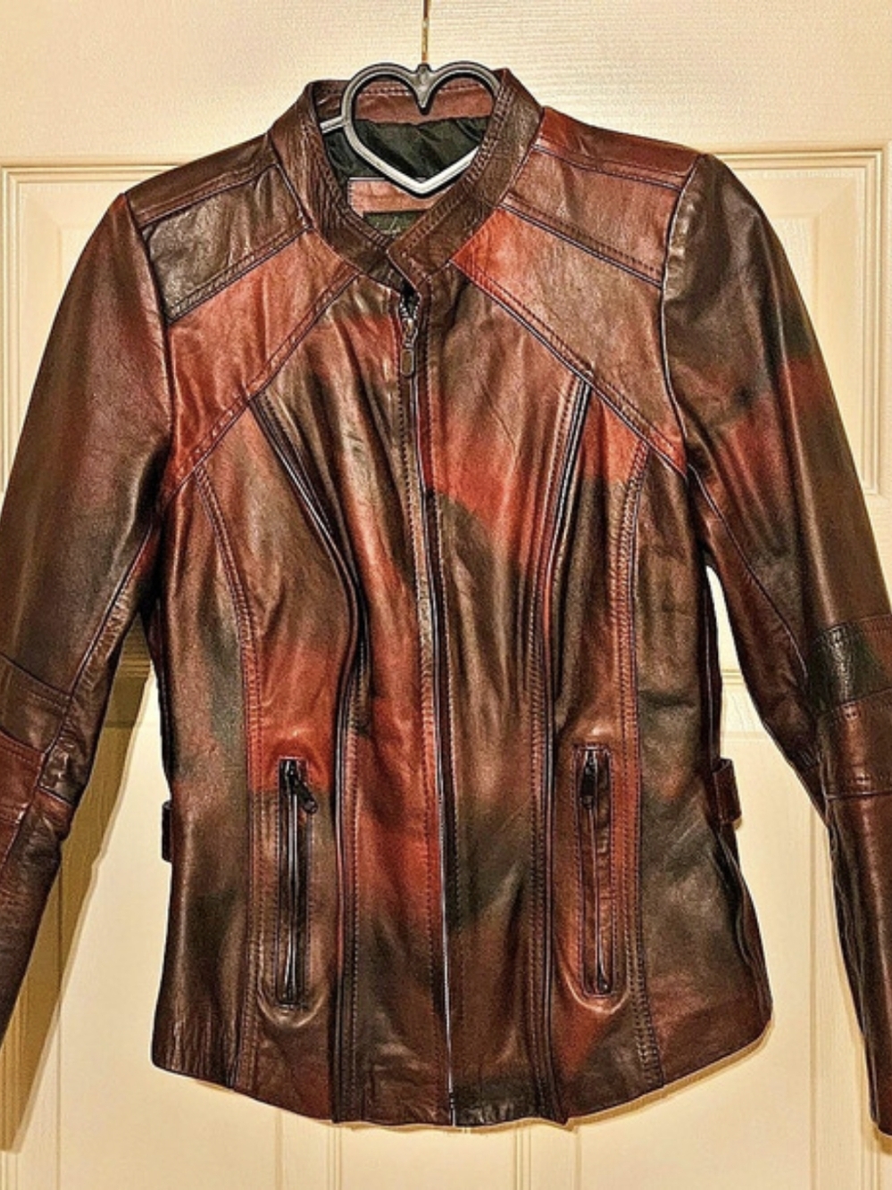 Genuine Lambskin Leather Moto Jacket - Two Tone Red/Black Size CH Small